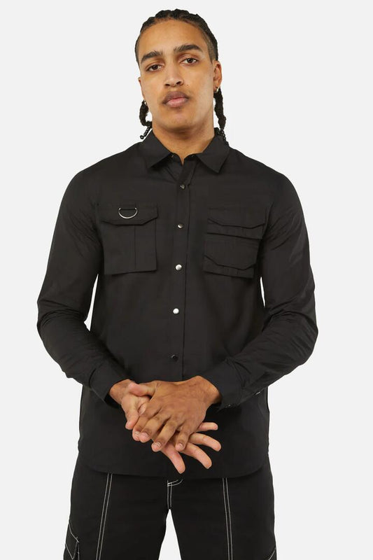 Image of a model wearing Tops. Productname: Field Work Utility Long Sleeve Shirt in Black colour by brand - Dangerfield