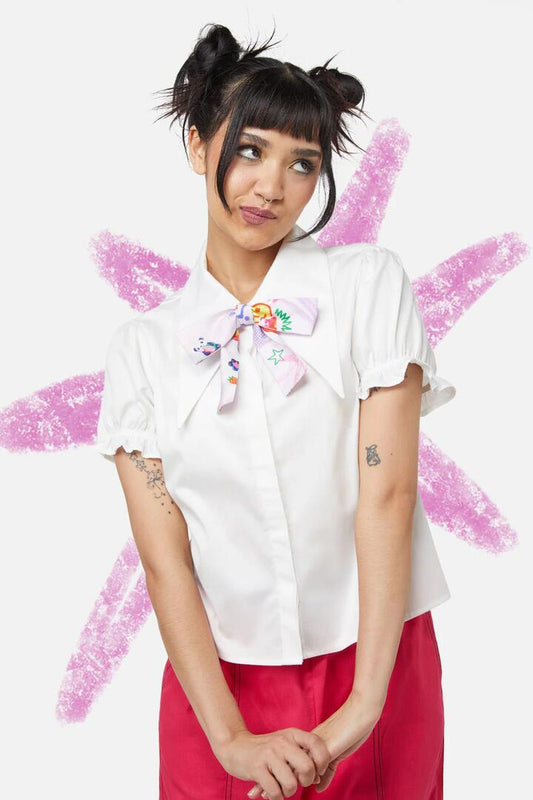 Image of a model wearing Tops. Productname: Zero Concentration Bow Top in White colour by brand - Dangerfield