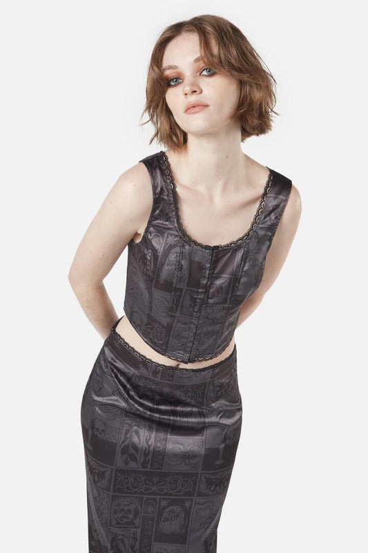 Image of Lingerie. Productname: Ruined Mansion Satin Brocade Corset in Black/Grey colour by brand - Dangerfield