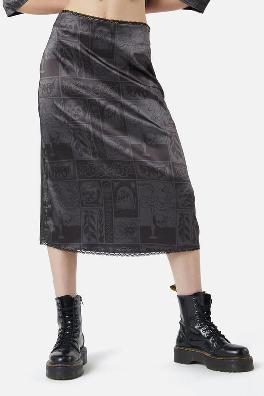 Image of a model wearing Skirts. Productname: Ruined Mansion Satin Brocade Skirt in Black colour by brand - Dangerfield