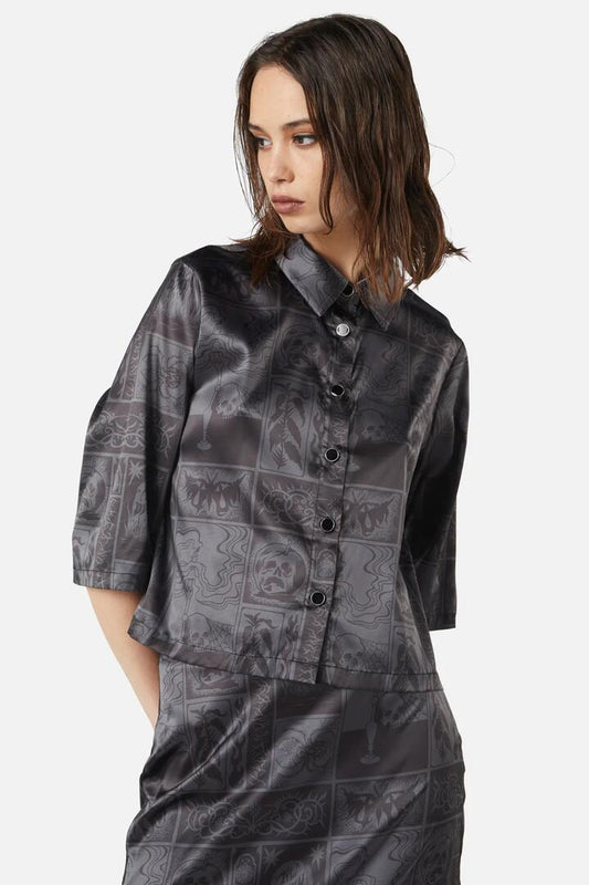 Image of a model wearing Tops. Productname: Ruined Mansion Satin Brocade Blouse in Black/Grey colour by brand - Dangerfield