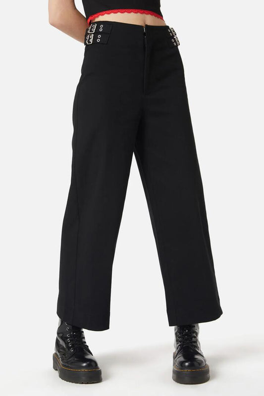 Image of a model wearing Pants. Productname: Wide Leg Buckle Pant in Black colour by brand - Dangerfield
