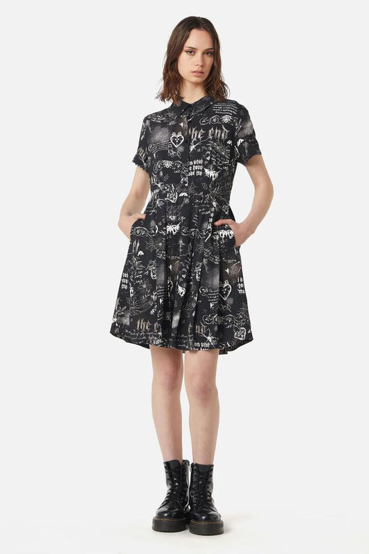 Image of a model wearing Dress. Productname: Lover's Departure Printed Dress in Black colour by brand - Dangerfield