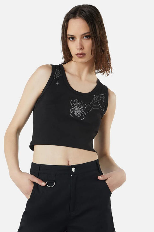 Image of a model wearing Tops. Productname: Cobweb Embroidered Tank in Black colour by brand - Dangerfield