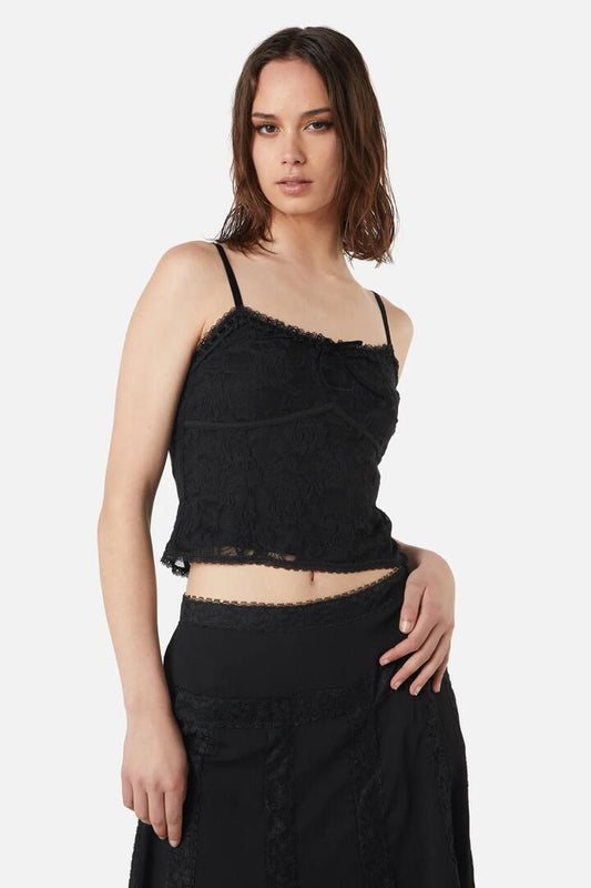 Image of a model wearing Tops. Productname: The Manor Lace Tank in Black colour by brand - Dangerfield