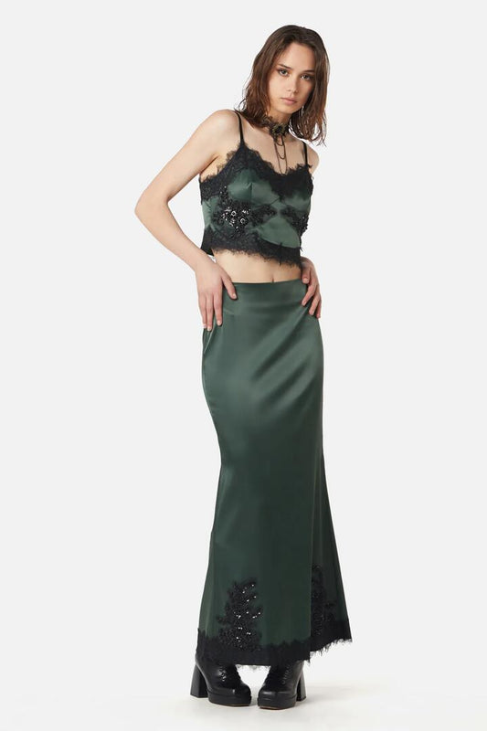 Image of a model wearing Skirts. Productname: Remnants Satin Lace Skirt in Green colour by brand - Dangerfield