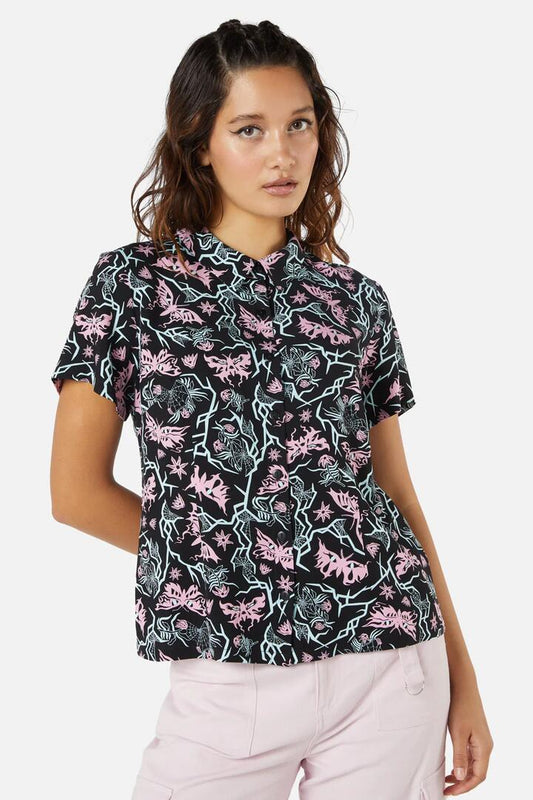 Image of a model wearing Tops. Productname: To The Butterflies Printed Blouse in Black/Pink/Blue colour by brand - Dangerfield