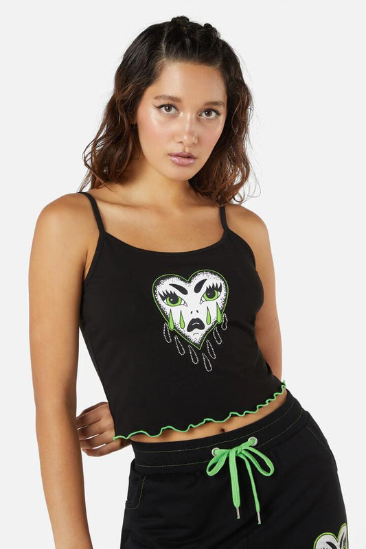 Image of a model wearing Tops. Productname: Cry Baby Singlet in Black colour by brand - Dangerfield