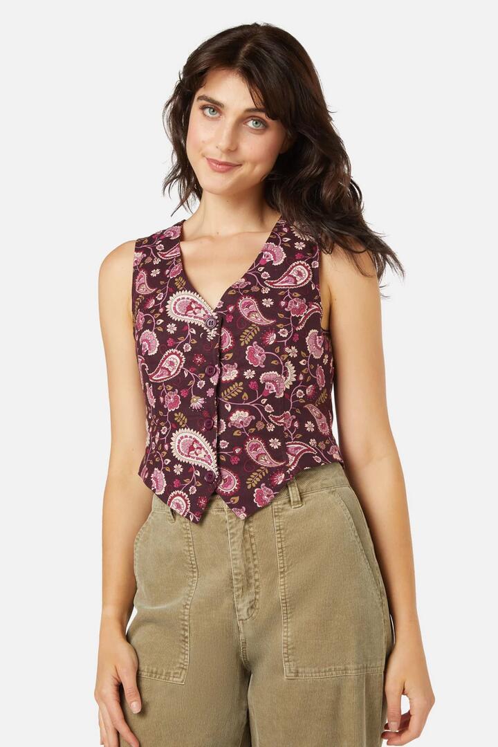 Image of a model wearing Tops. Productname: Boho Paisley Vest in Plum colour by brand - Princess Highway