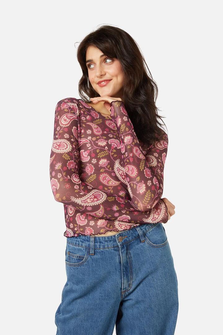 Image of a model wearing Tops. Productname: Paisley Mesh Top in Plum colour by brand - Princess Highway