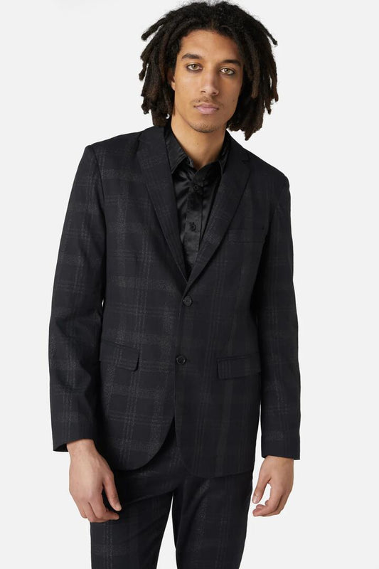 Image of a model wearing Outerwear. Productname: High Society Tartan Blazer in Black colour by brand - Dangerfield