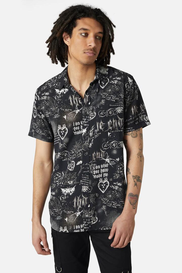 Image of a model wearing Shorts. Productname: Lovers Departure Short Sleeve Shirt in Black colour by brand - Dangerfield