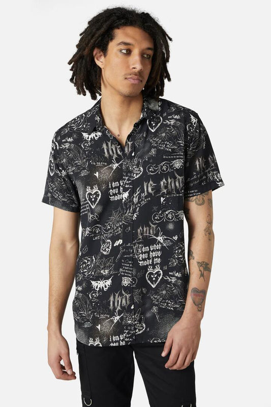 Image of a model wearing Shorts. Productname: Lovers Departure Short Sleeve Shirt in Black colour by brand - Dangerfield