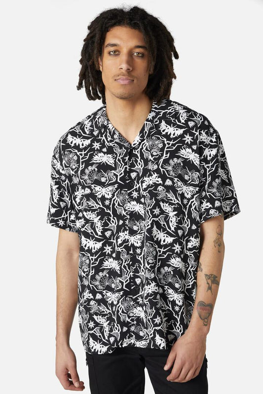 Image of a model wearing Shorts. Productname: To The Butterflies Printed Short Sleeve Shirt in Black/White colour by brand - Dangerfield