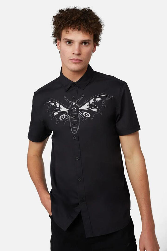 Image of a model wearing Tops. Productname: Butterfly Front Placement Shirt in Black colour by brand - Dangerfield