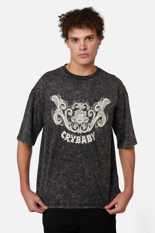 Image of a model wearing Tops. Productname: Break Their Hearts Acid Wash Tee in Grey colour by brand - Dangerfield