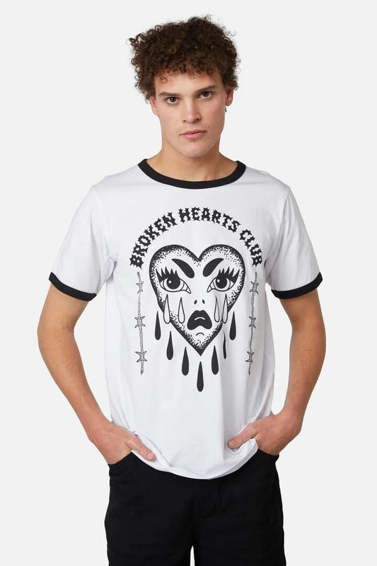 Image of a model wearing Tops. Productname: Broken Hearts Club Tee in White colour by brand - Dangerfield