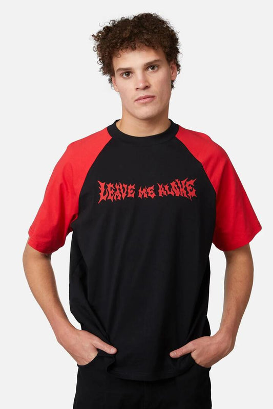 Image of a model wearing Tops. Productname: Leave Me Alone Contrast Raglan Tee in Black/Red colour by brand - Dangerfield