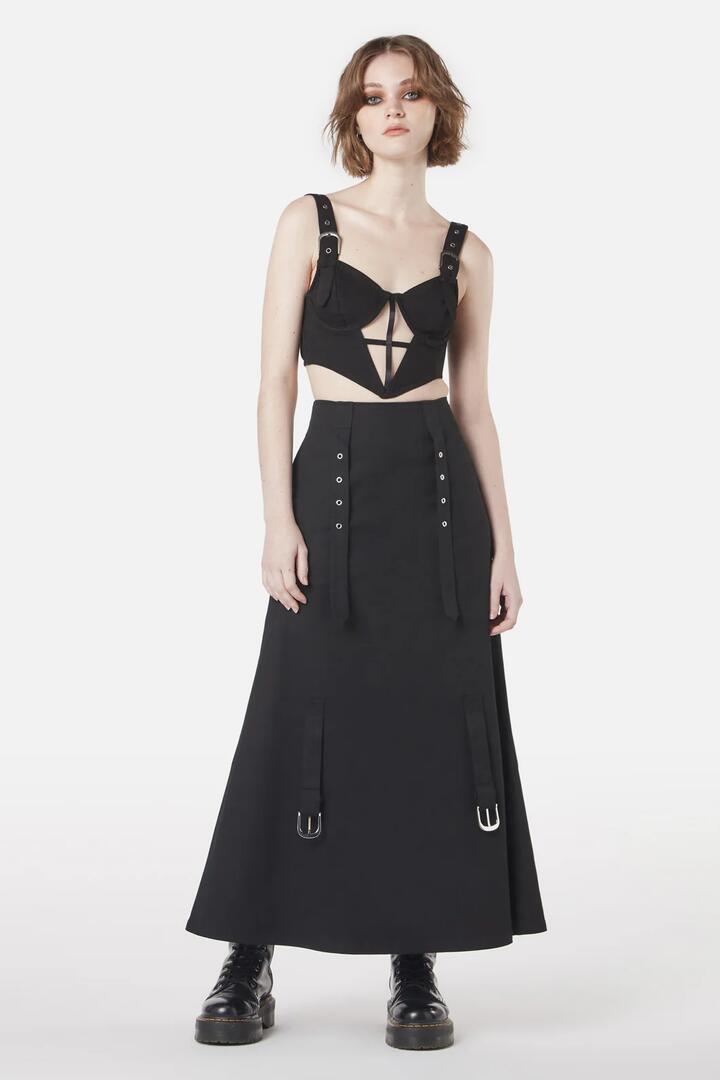 Image of a model wearing Skirts. Productname: Industrial Hybrid Strap Skirt in Black colour by brand - Dangerfield