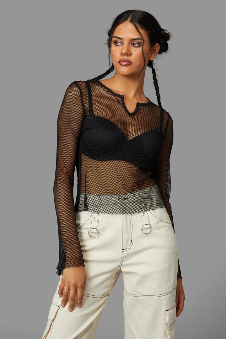 Image of a model wearing Tops. Productname: Jenna Mesh Top in Black colour by brand - Black Friday