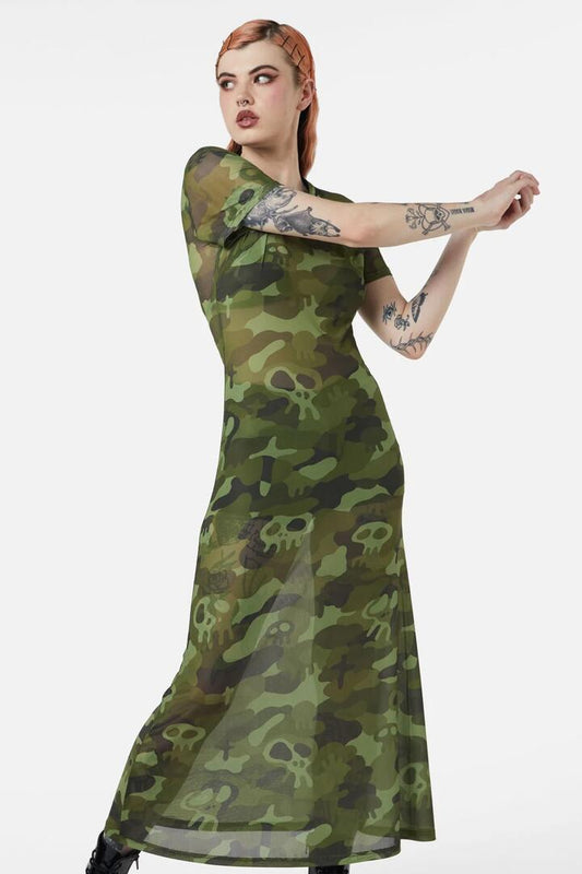 Image of a model wearing Dress. Productname: Nook Of The Garden Camo Mesh Dress in Green colour by brand - Dangerfield