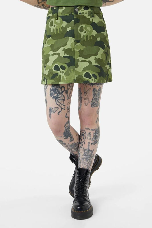 Image of a model wearing Skirts. Productname: Nook Of The Garden Camo Skirt in Green colour by brand - Dangerfield