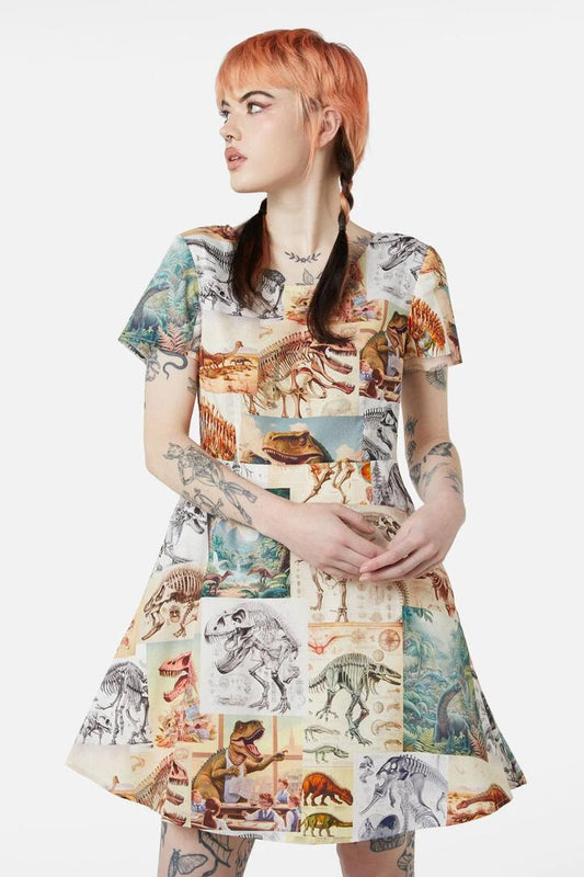 Image of a model wearing Dress. Productname: Prehistoric Dino Tile Print Dress in Multi colour by brand - Dangerfield