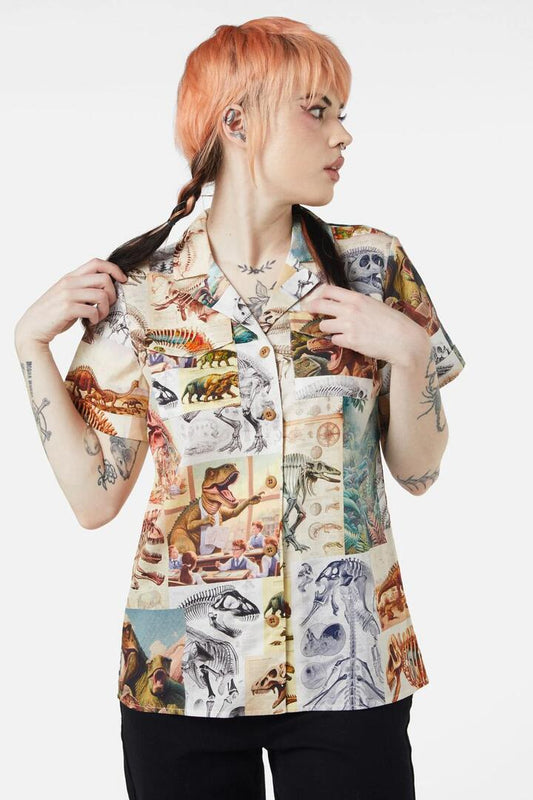 Image of a model wearing Tops. Productname: Prehistoric Dino Tile Print Blouse in Multi colour by brand - Dangerfield