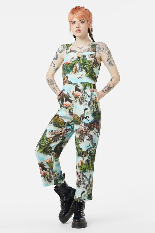 Image of a model wearing Outerwear. Productname: Triassic Scene Printed Jumpsuit in Multi colour by brand - Dangerfield