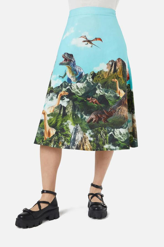 Image of a model wearing Skirts. Productname: Triassic Scene Border Skirt in Multi colour by brand - Dangerfield