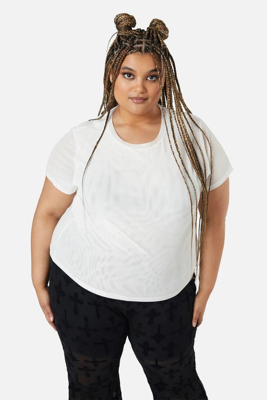 Image of a model wearing Tops. Productname: Curve Eliza Mesh Top in White colour by brand - Dangerfield