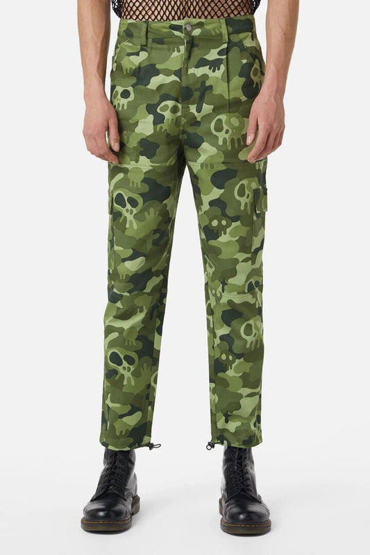 Image of a model wearing Pants. Productname: Nook Of The Garden Camo Cargos in Green colour by brand - Dangerfield
