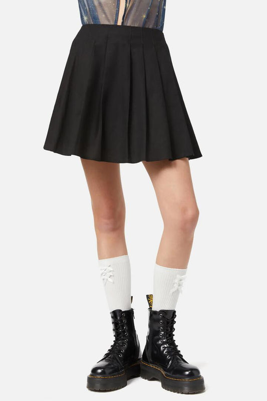 Image of a model wearing Skirts. Productname: Basic Starlight Pleated Skirt in Black colour by brand - Dangerfield