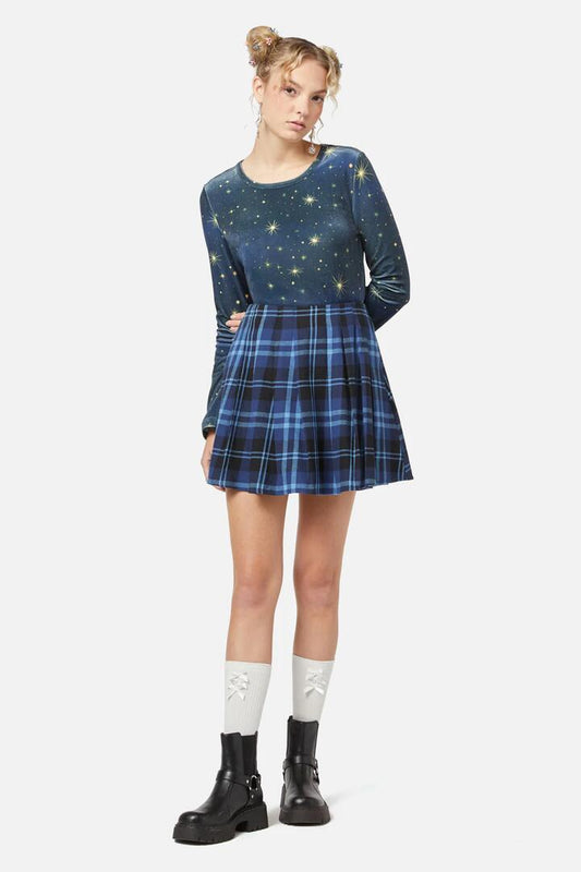 Image of a model wearing Skirts. Productname: Moonlit Tartan Skirt in Navy colour by brand - Dangerfield