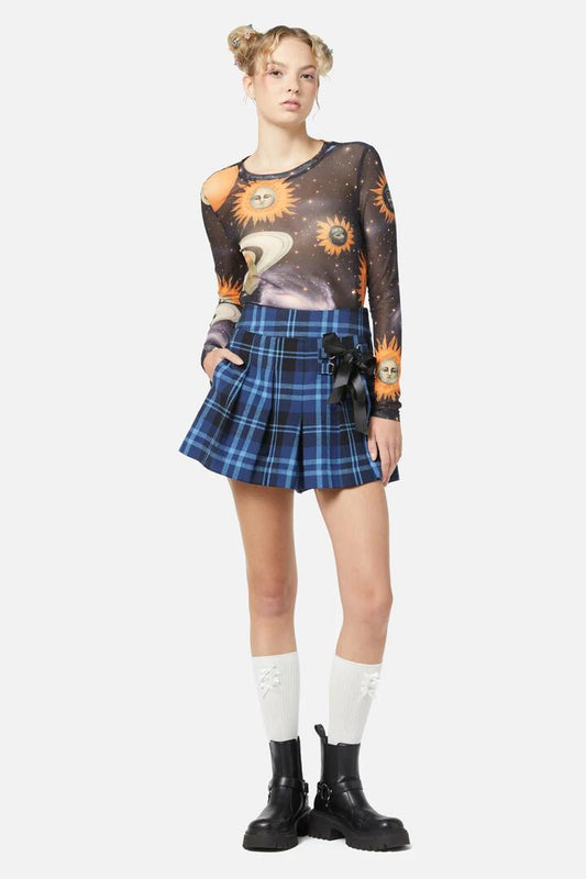 Image of a model wearing Skirts. Productname: Moonlit Tartan Skort in Navy colour by brand - Dangerfield
