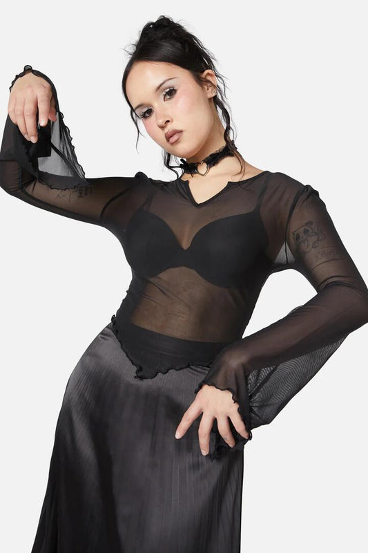 Image of a model wearing Tops. Productname: Elegy Mesh Top in Black colour by brand - Dangerfield