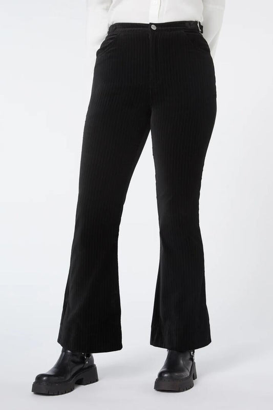 Image of a model wearing Pants. Productname: Elegy Velvet Wide Leg Pants in Black colour by brand - Dangerfield