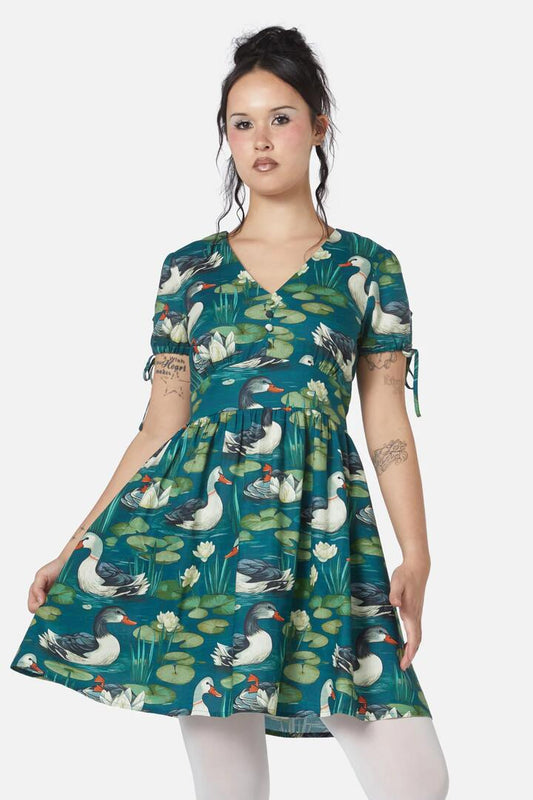 Image of a model wearing Dress. Productname: Duck To Water Dress in Blue colour by brand - Dangerfield
