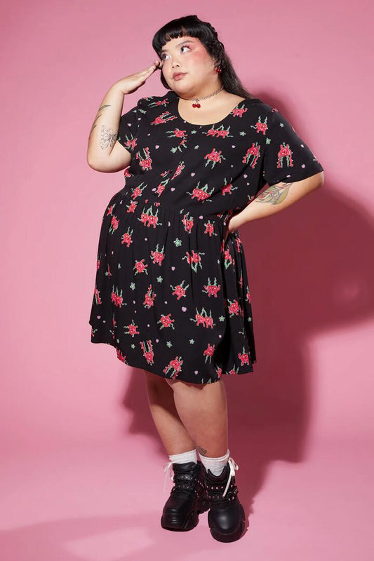 Image of a model wearing Dress. Productname: Curve Cheeky Cherries Printed Dress in Black colour by brand - Black Friday