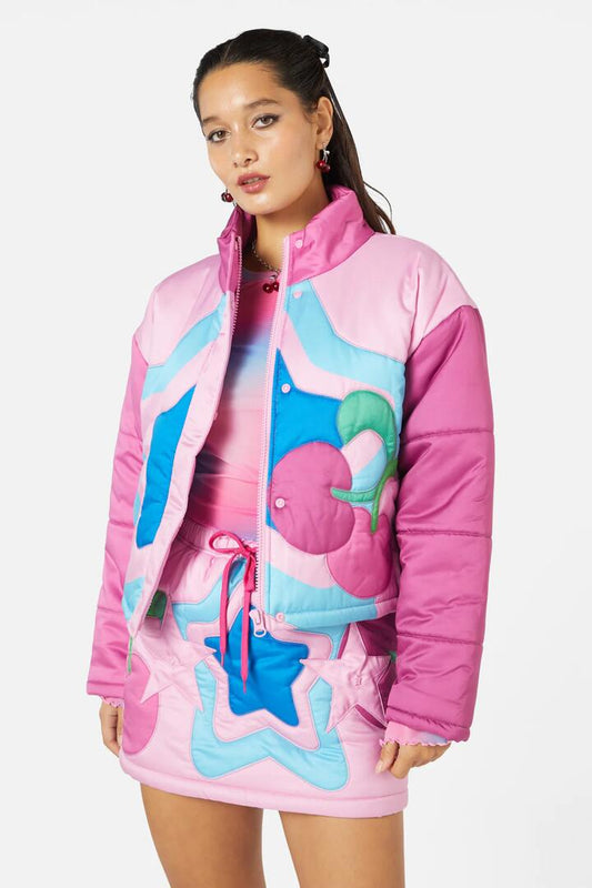 Image of a model wearing Outerwear. Productname: So Sweet Puffer Jacket in Multi colour by brand - Black Friday
