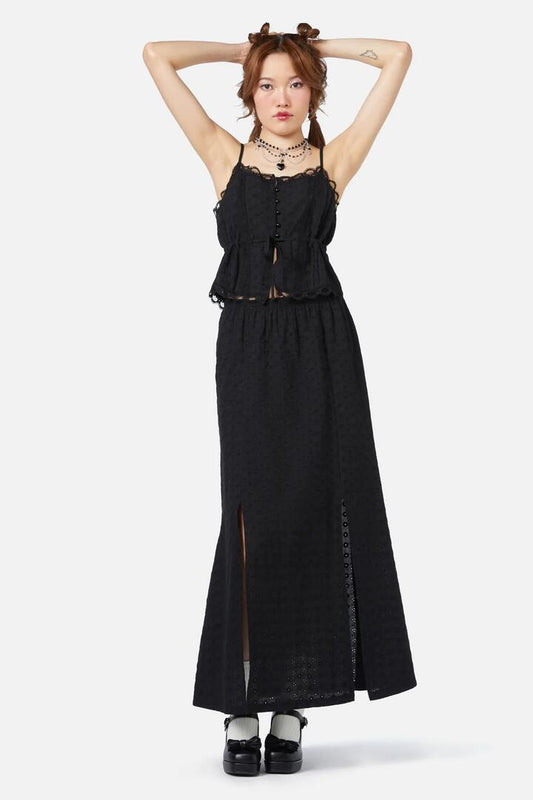 Image of a model wearing Skirts. Productname: Sweetie Pie Maxi Skirt in Black colour by brand - Dangerfield