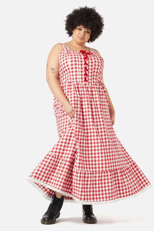 Image of a model wearing Dress. Productname: Curve Jam Gingham Corset Dress in Red colour by brand - Dangerfield