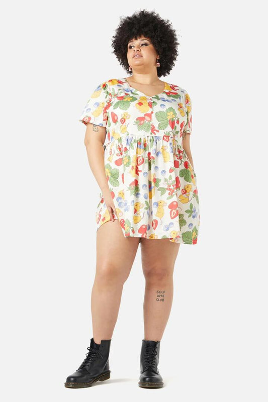 Image of a model wearing Dress. Productname: Curve Hamper Printed Dress in Multi colour by brand - Dangerfield