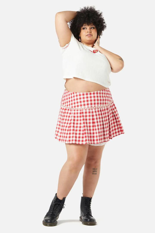 Image of a model wearing Skirts. Productname: Curve Jam Gingham Bloomer Skort in Red colour by brand - Dangerfield