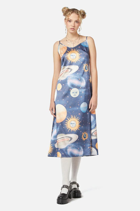 Image of a model wearing Dress. Productname: Moonlit Satin Dress in Navy colour by brand - Dangerfield