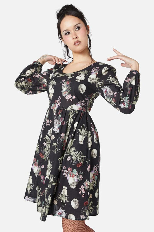Image of a model wearing Dress. Productname: Memento Mori Printed Dress in Black colour by brand - Dangerfield