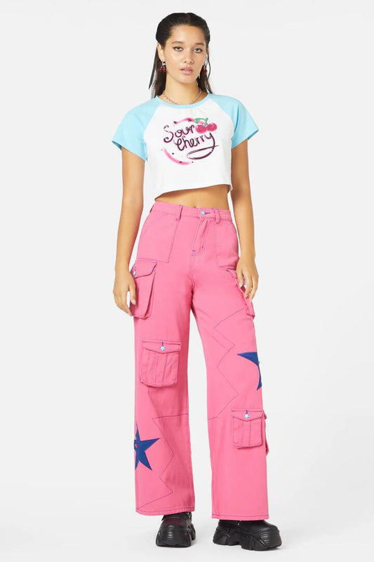 Image of a model wearing Tops. Productname: So Sweet Crop Top in White/Blue colour by brand - Black Friday
