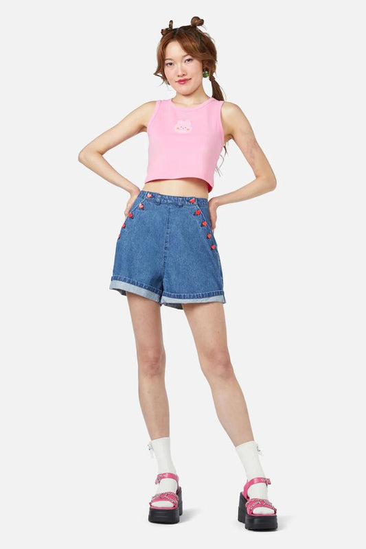 Image of a model wearing Denim. Productname: Electric Denim Short in Blue colour by brand - Dangerfield