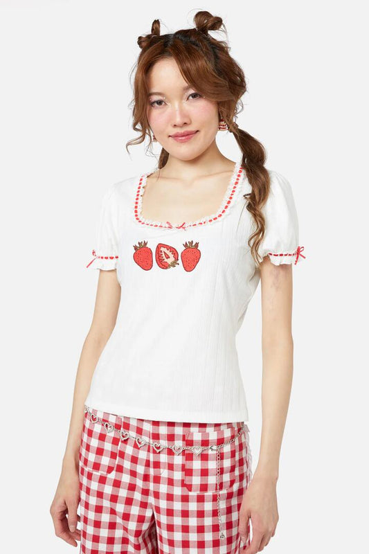 Image of a model wearing Tops. Productname: Wicker Waffle Top in Cream colour by brand - Dangerfield