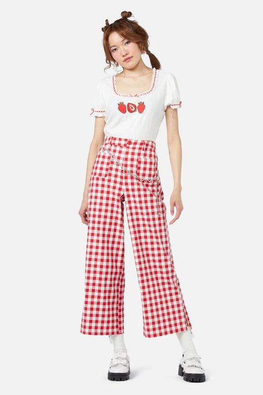 Image of a model wearing Pants. Productname: Jam Gingham Wide Leg Pant in Red colour by brand - Dangerfield
